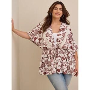 Torrid Lace Trim Tie Waist Kimono Brown‎ White Floral 5X Spring Summer Boho